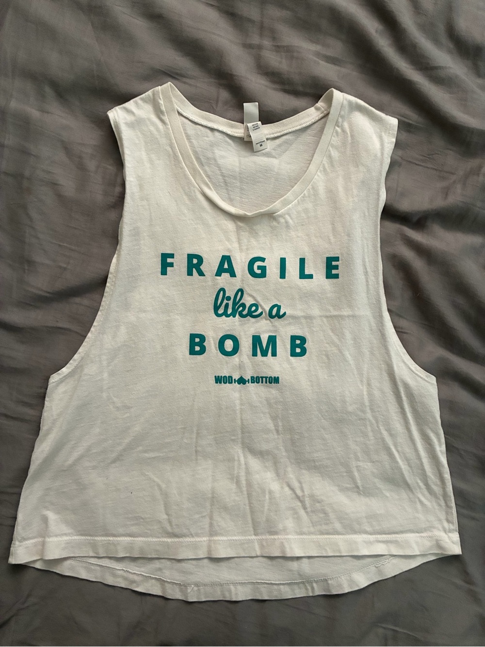 WOD & Bottom White Graphic Muscle Tank - Fragile Like a Bomb